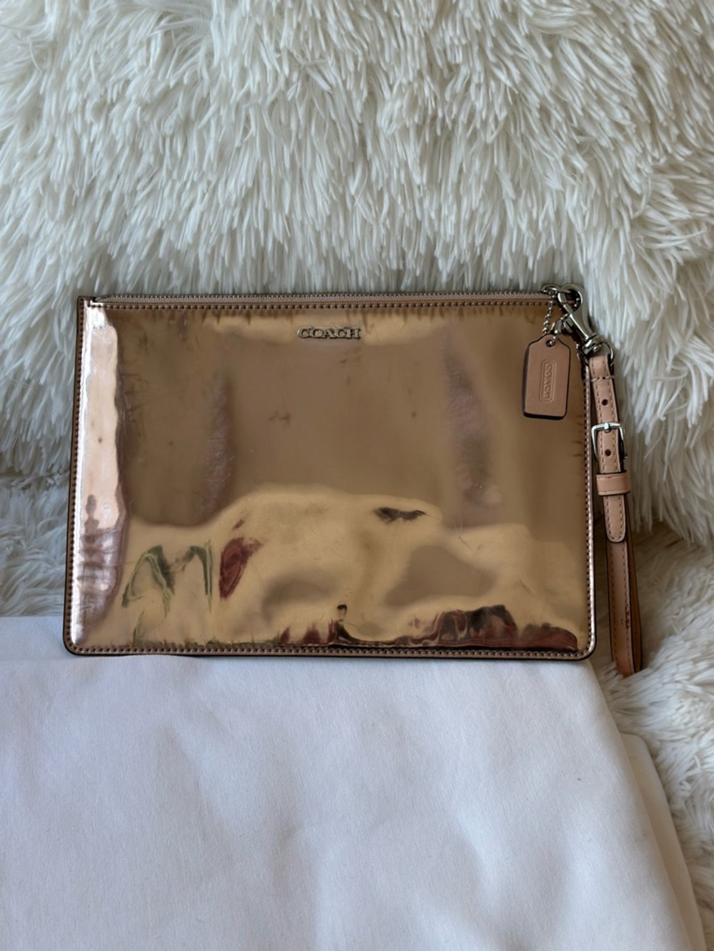 Coach Legacy Rose Gold Metallic Patent Wristlet Clutch Zip Pouch Wallet Leather